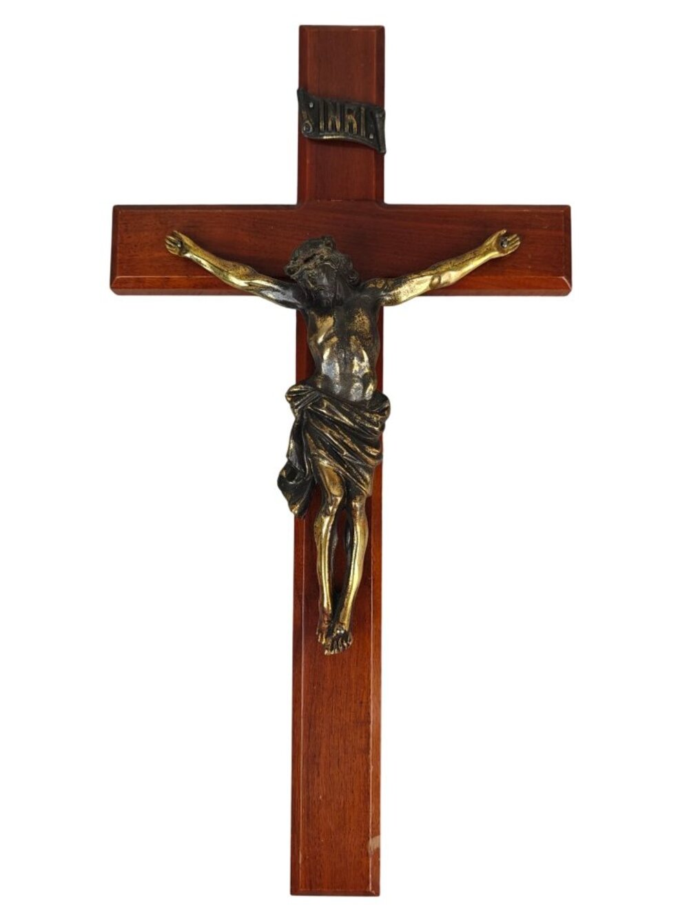 Vintage Wooden & Brass Crucifix Wall Decor INRI Plaque Christian Religious Icon